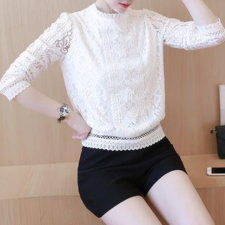 Long Sleeve Mock Neck Frilled Trim Lace Top