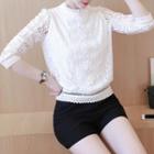 Long Sleeve Mock Neck Frilled Trim Lace Top