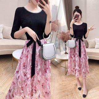 Elbow-sleeve Flower Print A-line Midi Dress