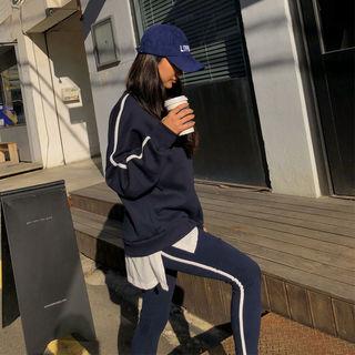 Set: Layered-hem Piped Sweatshirt + Leggings
