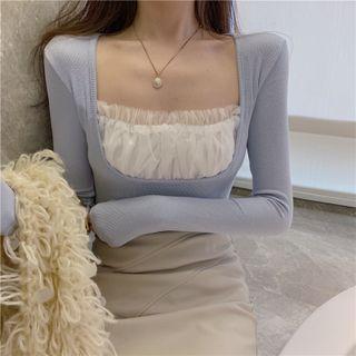 Long-sleeve Mock Two-piece T-shirt Blue - One Size