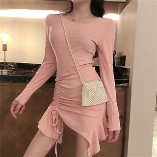 Drawstring Ruched Long-sleeve Mini Sheath Dress
