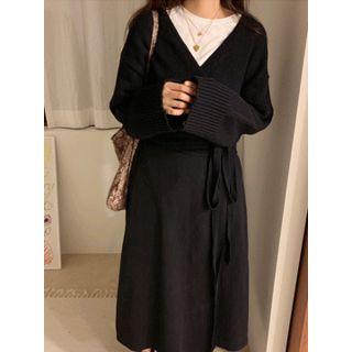 Wrap-front Tie-waist Wool Blend Knit Top