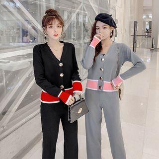 Set: Long-sleeve Color Block Knit Top + Pants