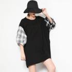 3/4 Sleeve Plaid Panel T-shirt Dress Black - One Size
