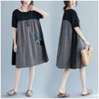 Color Block Short-sleeve A-line Dress Black - One Size