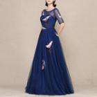 Embroidered Elbow-sleeve Evening Gown