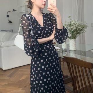 Lantern-sleeve Floral Tie Waist Dress