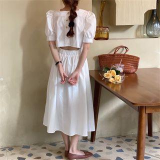Puff-sleeve Open-back Midi A-line Dress