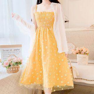 Set: Floral Print Spaghetti-strap Midi A-line Dress + Plain Shirt