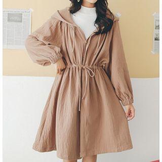 Plain Tie-waist Hooded Jacket Yellow - One Size