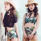 Tie-waist Crop Top / Set: Floral Print Bikini