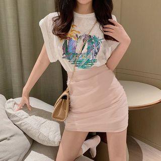 Cap-sleeve Floral Print T-shirt / A-line Skirt