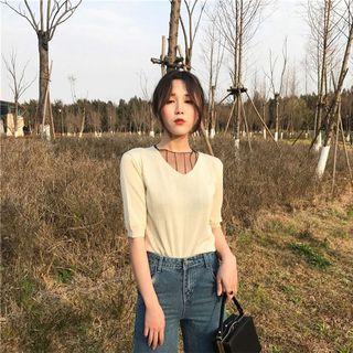 Set: Short Sleeve V-neck Knit Top + Mesh Top