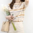Short-sleeve Striped Knit Top Yellow & Gray Stripes - Almond - One Size
