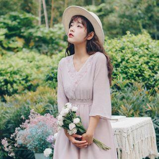 3/4-sleeve Embroidered A-line Midi Chiffon Dress