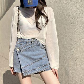 Long-sleeve T-shirt / Denim Mini Pencil Skort