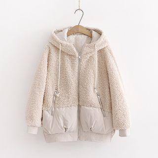 Fleece Panel Hooded Padding Jacket Beige - One Size