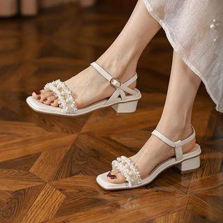 Block Heel Beaded Ankle Strap Sandals