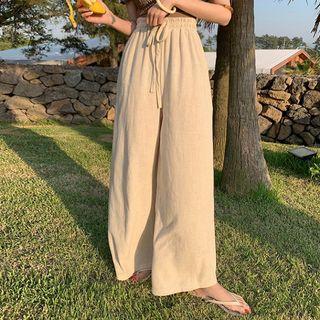 Smocked-waist Wide-leg Linen Pants