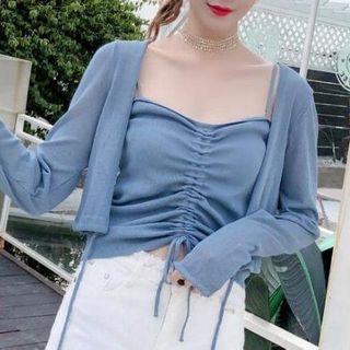 Set: Tie-front Cardigan + Spaghetti Strap Drawstring Knit Top