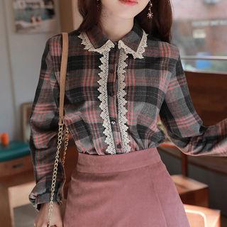 Bishop-sleeve Lace-trim Plaid Blouse Gray - One Size