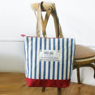 Applique Striped Panel Canvas Tote Bag