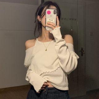 Set: Long-sleeve Off-shoulder Knit Crop Top + Spaghetti Strap Top