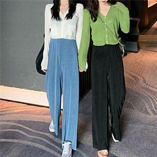 Plain Cropped Knit Cardigan / High-waist Wide-leg Pants