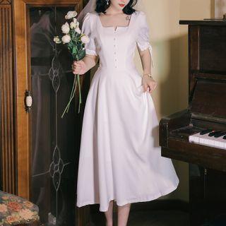 Puff-sleeve Midi A-line Dress / Veil / Set