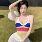 Halter-neck Striped Knit Camisole Top Stripes - Blue & Pink & Yellow - One Size