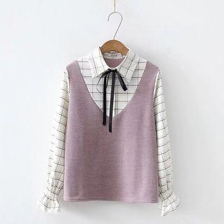 Mock Two Piece Knit Panel Ribbon Tie Checked Shirt
