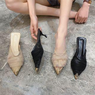 Kitten Heel Lace Pointed Slide Pumps