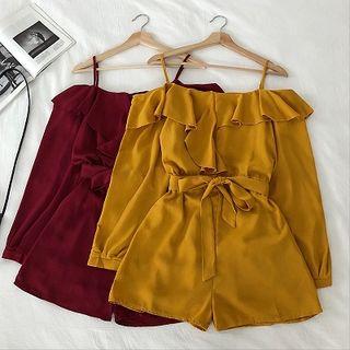 Plain Off-shoulder Chiffon Wide-leg Jumper Shorts