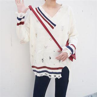Slit Asymmetric Distressed V-neck Sweater
