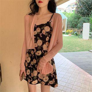 Cropped Cardigan / Floral Print Spaghetti-strap Mini A-line Dress