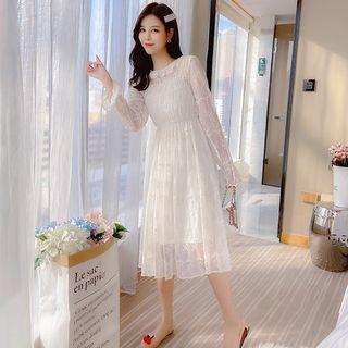 Long-sleeve Lace Ruffled Plain Midi Dress