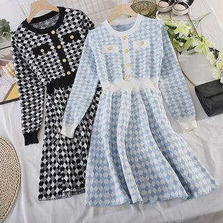 Round-neck Plaid Color Block Long-sleeve Knit Dress