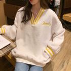 Embroidered V-neck Fleece Pullover Off-white - One Size