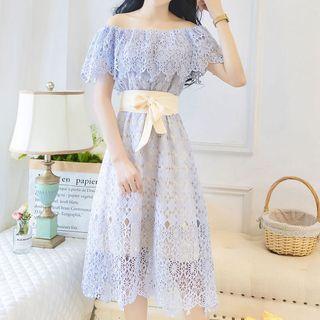 Off-shoulder Lace Short-sleeve Midi A-line Dress