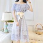 Off-shoulder Lace Short-sleeve Midi A-line Dress