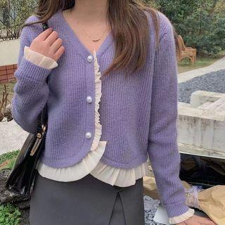 V-neck Wood Ear Trim Cardigan