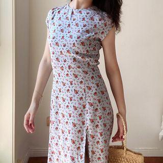 Cap-sleeve Floral Slit Maxi Sheath Dress
