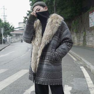 Furry Shawl Collar Patterned Woolen Coat