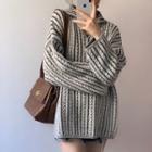 V-neck Linen Flower Sweater Gray - One Size