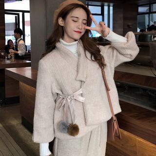 Pompom Cropped Wrapped Jacket As Shown In Figure - One Size