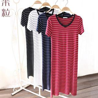 Striped Short-sleeve V-neck T-shirt Dress