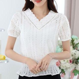 Perforated V-neck Short Sleeve Blouse