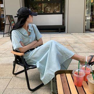 Short-sleeve Plain Denim Shirt Dress