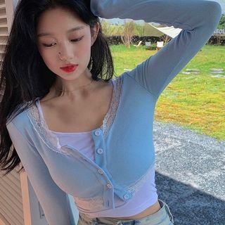 Irregular Camisole Top / Long-sleeve Buttoned Lace Trim Knit Crop Top